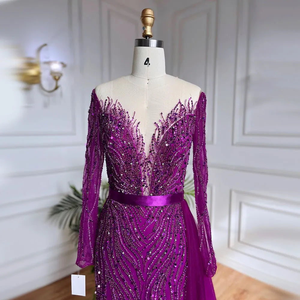 Sirena púrpura elegante con falda de encaje con cuentas vestidos de noche de lujo vestidos para mujer boda