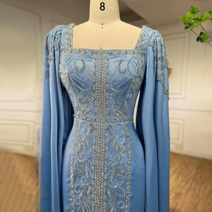 Blue Modest Elegant Mermaid Cape Sleeves Evening Dresses Arabic Beaded Gowns