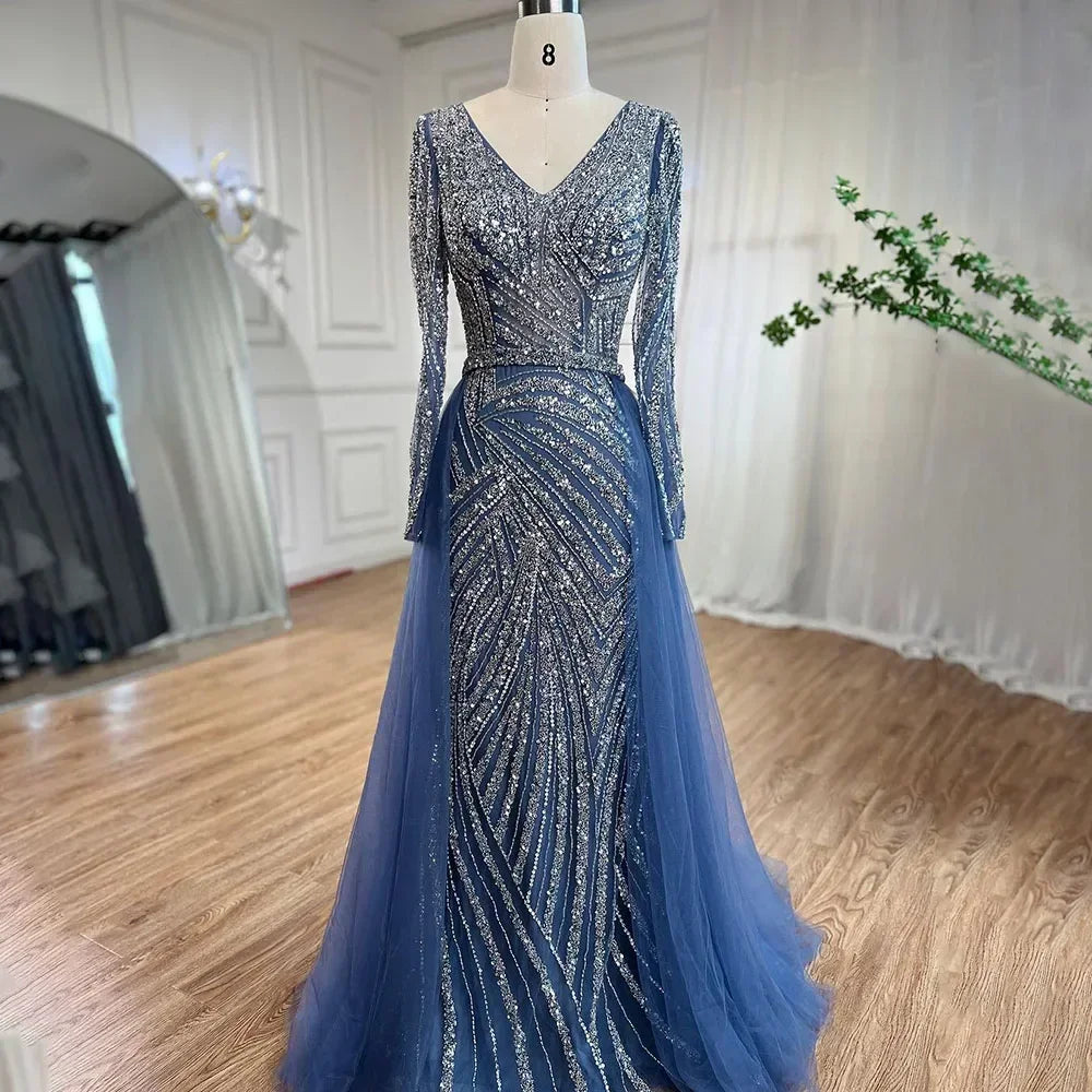 Luxury Blue Modest Mermaid Evening Dress with Detachable Skirt