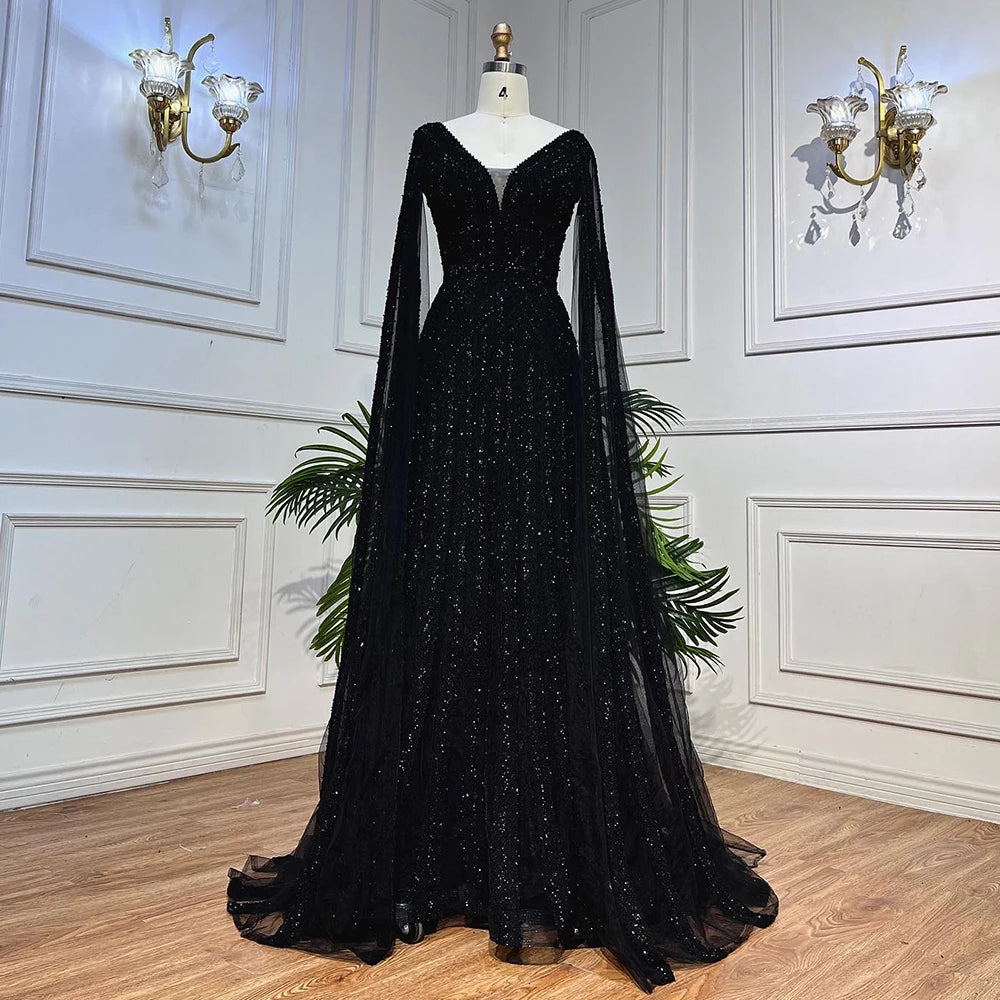 Luxury Black Arabic A-Line Evening Gown with Cape Sleeves