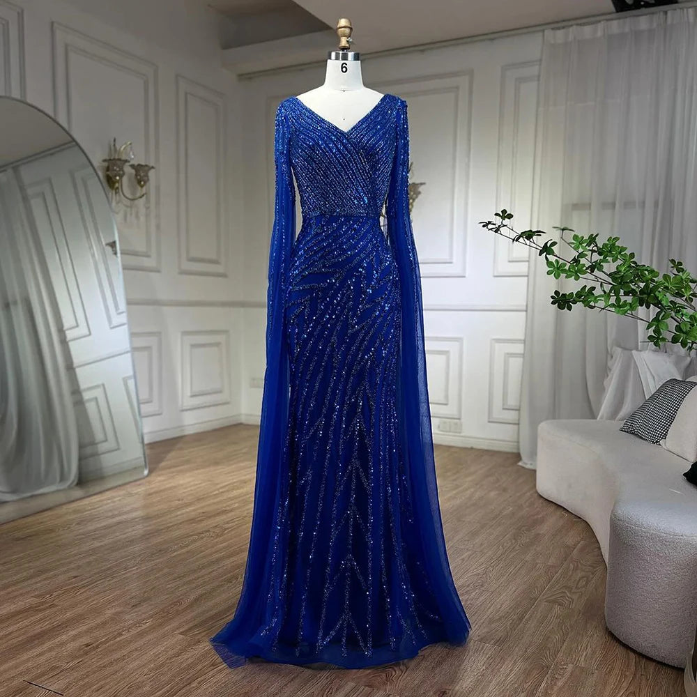 Vestido de noche de lujo con mangas de capa elegante con cuentas azules de sirena árabe para mujer fiesta de boda