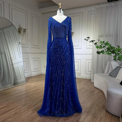 Modest Blue Mermaid Evening Gown with Luxury Beading