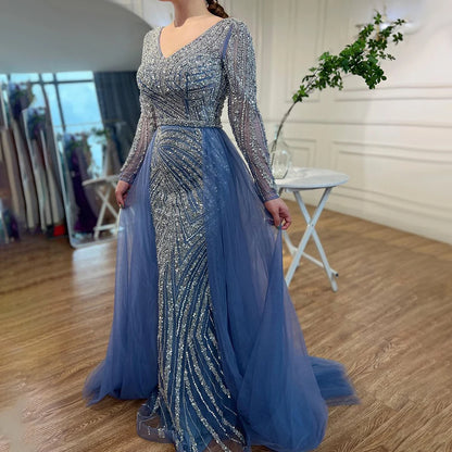 Luxury Blue Modest Mermaid Evening Dress with Detachable Skirt