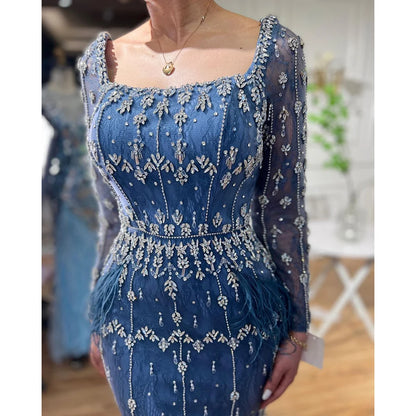 Blue Lace Midi Evening Dress with Luxury Crystal Feathers