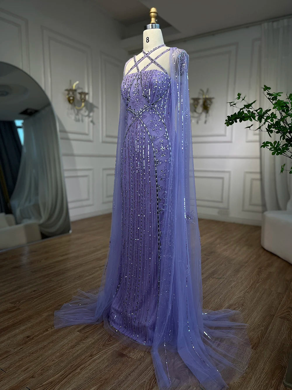 Arabic Luxury Dubai Blue Mermaid Evening Gown with Cape Sleeves