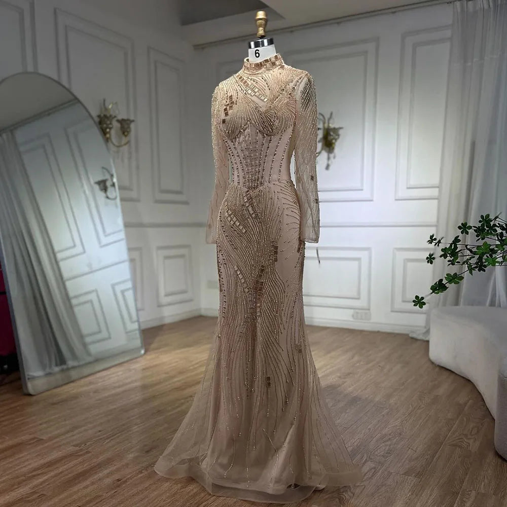 Gowns Nude Illusion Pearls Beaded Feathers Mermaid Long Evening Dress