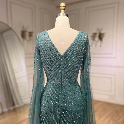 Vestido de noche de lujo con mangas de capa elegante con cuentas azules de sirena árabe para mujer fiesta de boda