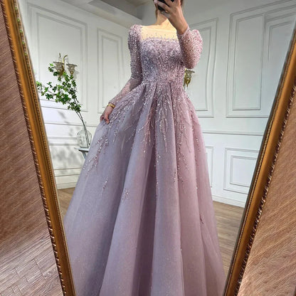 Modest Pink A-Line Beaded Luxury Evening Dress