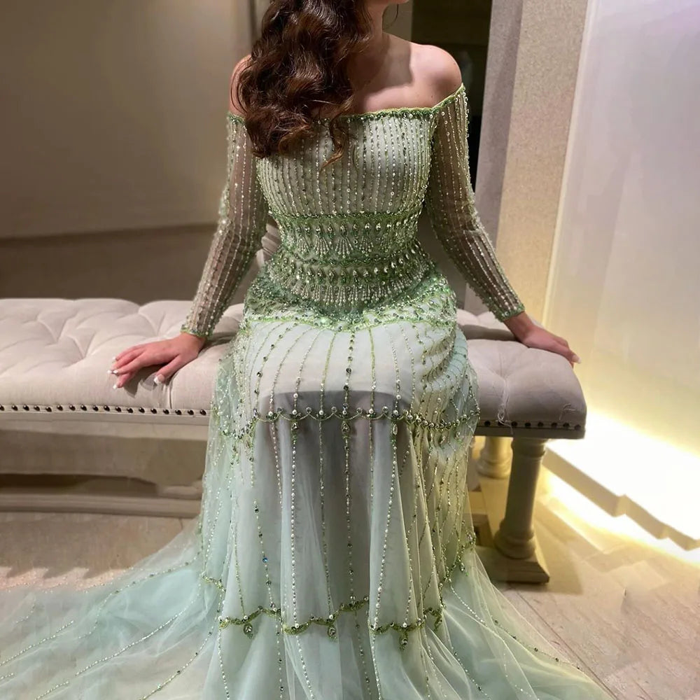 Dubai Arabic Sage Green Mermaid Luxury Evening Gown