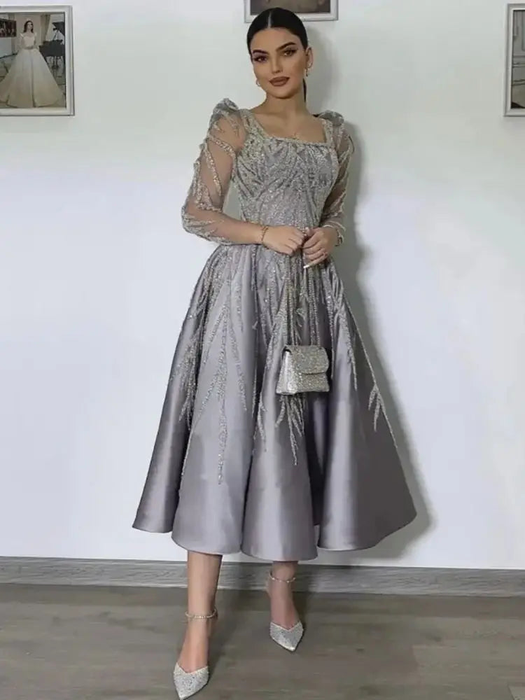 Luxury Satin Lace Beaded Gray Arabic A-Line Midi Evening Gown