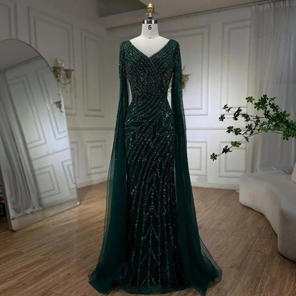 Vestido de noche de lujo con mangas de capa elegante con cuentas azules de sirena árabe para mujer fiesta de boda