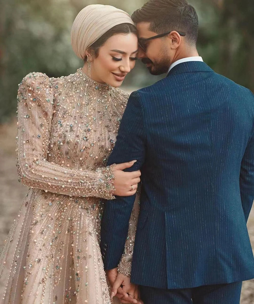 Vestido de noche musulmán con perlas desnudas y línea A S72176