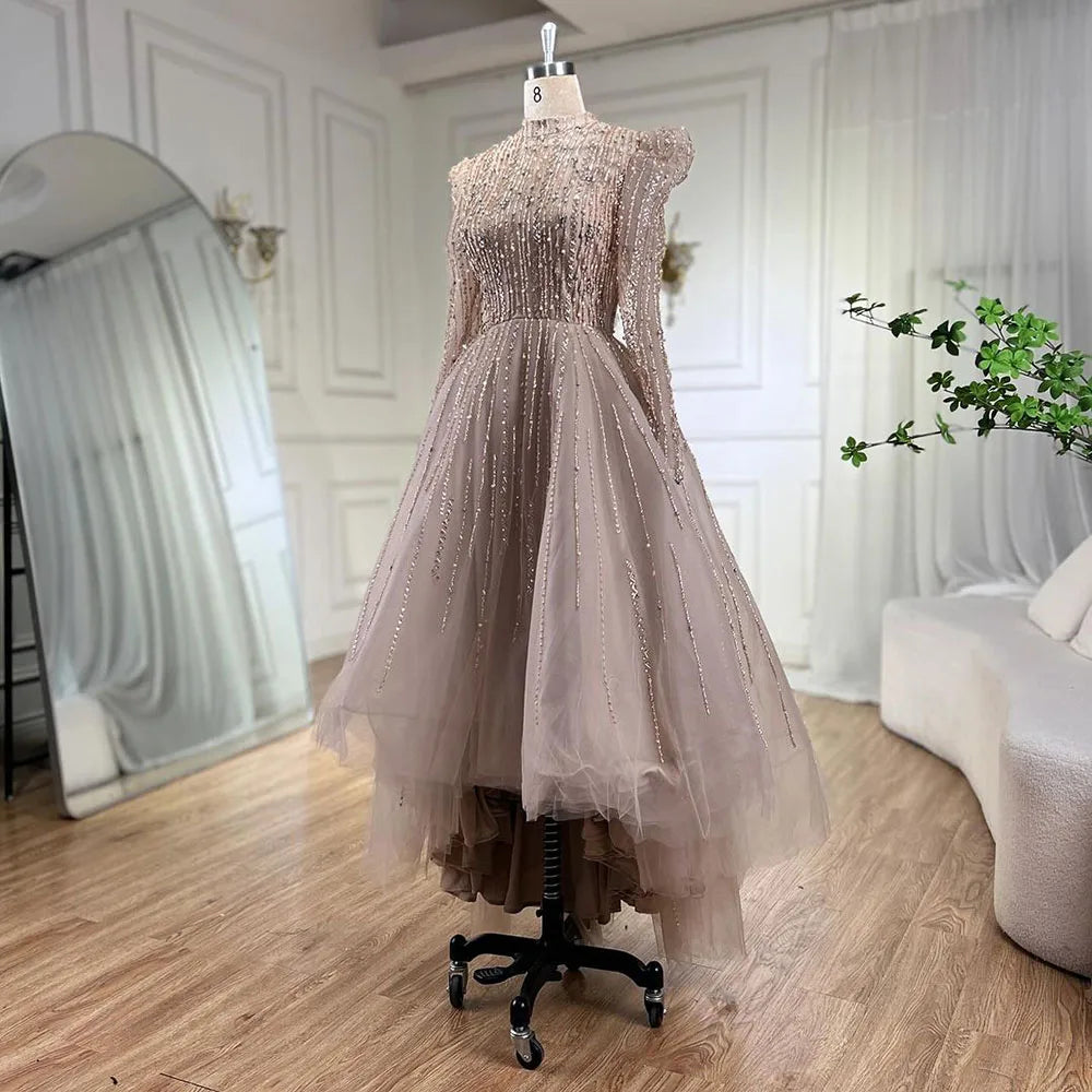 Modest A-Line Nude Pearls Evening Dress