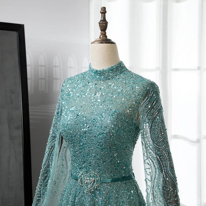 Blue A-Line Evening Dress with High-End Beaded Cape Sleeves