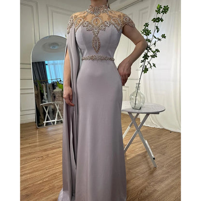 Ivory High Neck Cape Sleeve Mermaid Evening Dresses Beaded Elegant Gowns