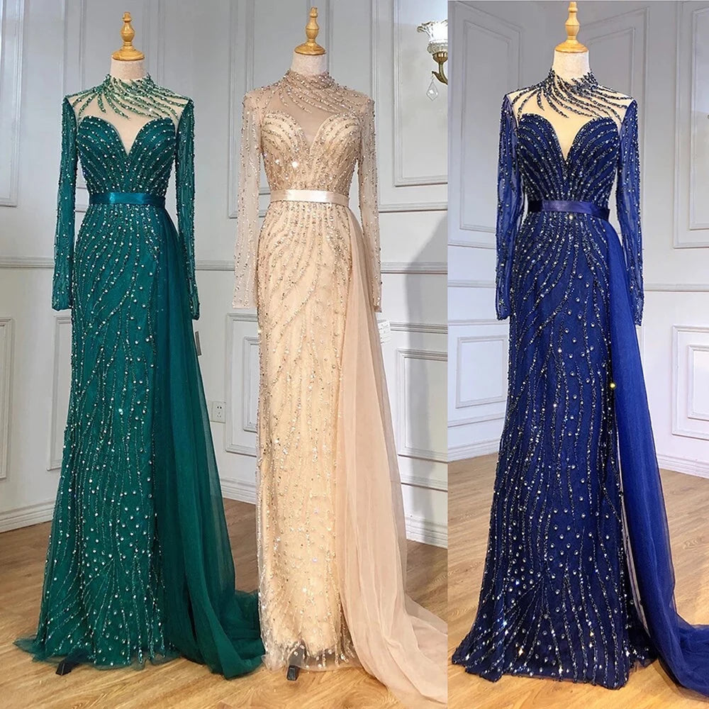 Modest Navy Blue Luxury Evening Dresses Gowns Beaded Mermaid Elegant