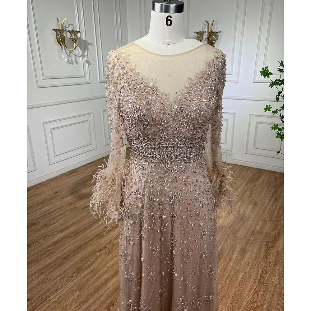 Elegant Nude Dubai Luxury Beaded Feather Evening Gown