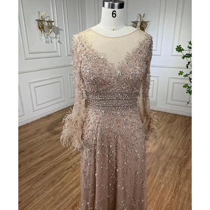 Elegant Nude Dubai Luxury Beaded Feather Evening Gown