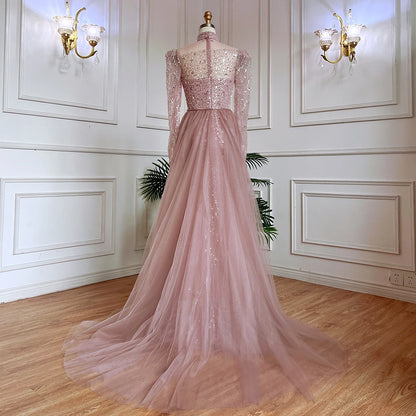 Modest Pink Long Sleeve High Neck Luxury Sequined Mermaid Evening Dresses Gowns Elegant