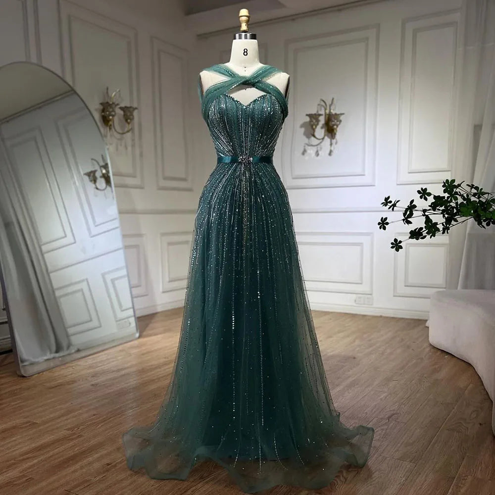 Turquoise Spaghetti Strap A-Line Luxury Evening Gown