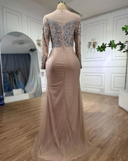 Modest Nude Mermaid Evening Gown with Overskirt and Dubai-Style Beading