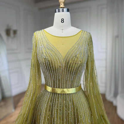 Golden Sands: Arabic Yellow A-Line Beaded Luxury Evening Dress