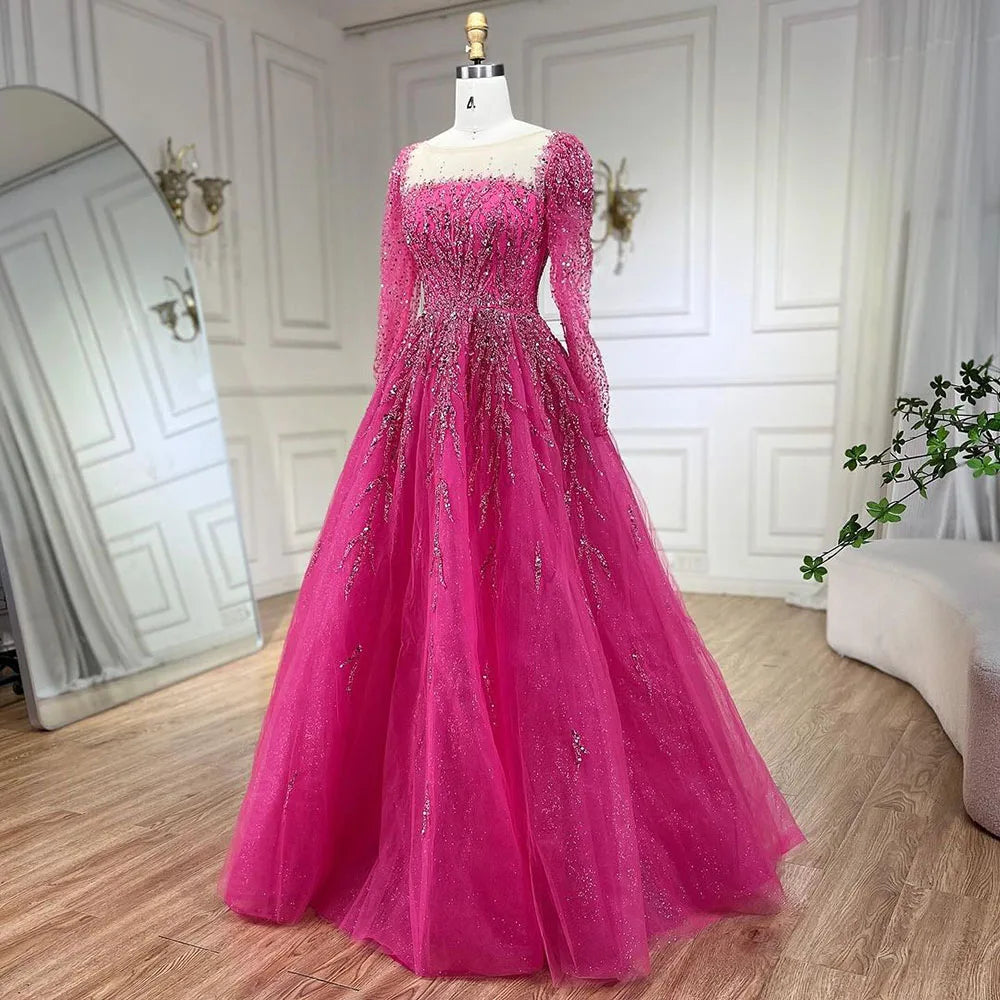 Modest Pink A-Line Beaded Luxury Evening Dress