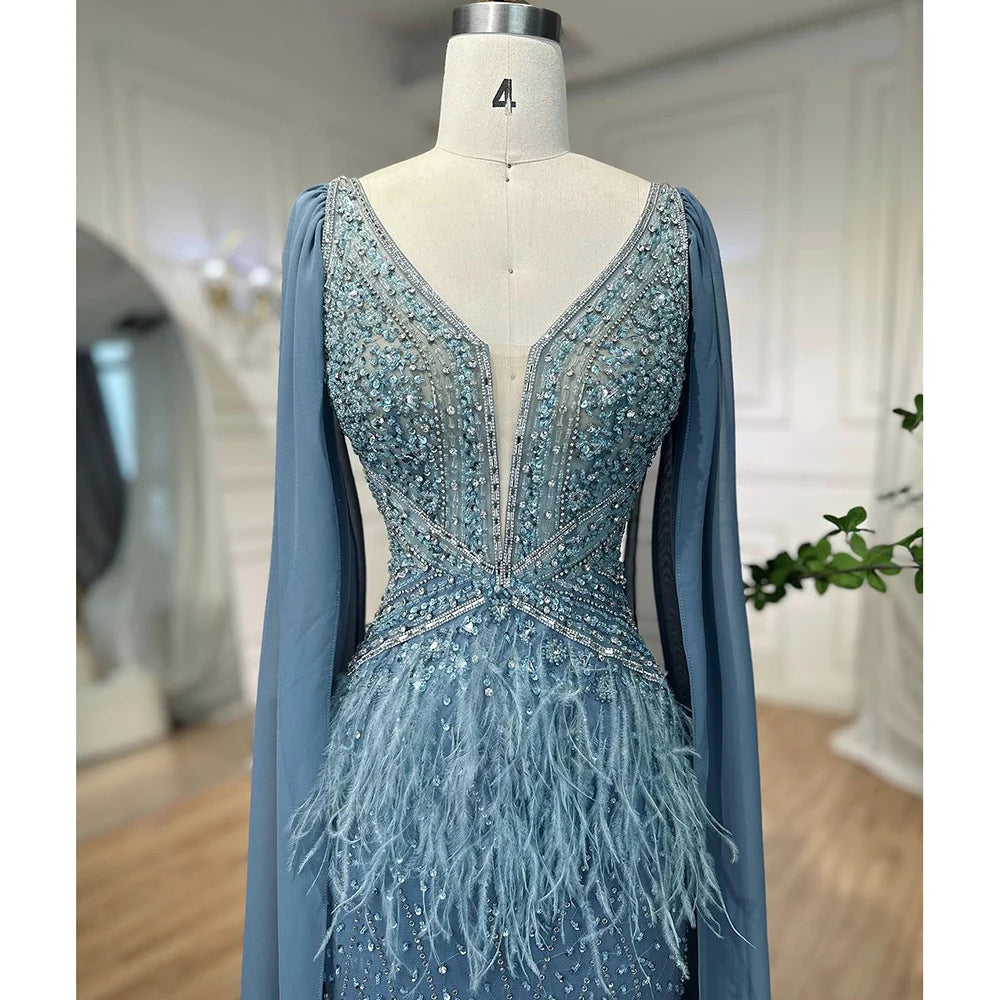 Arabic Blue Mermaid Evening Gown with Cape and Feather Beading