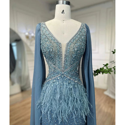 Arabic Blue Mermaid Evening Gown with Cape and Feather Beading