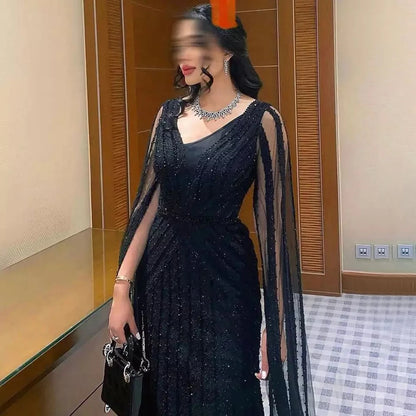 Luxury Black Arabic A-Line Evening Gown with Cape Sleeves