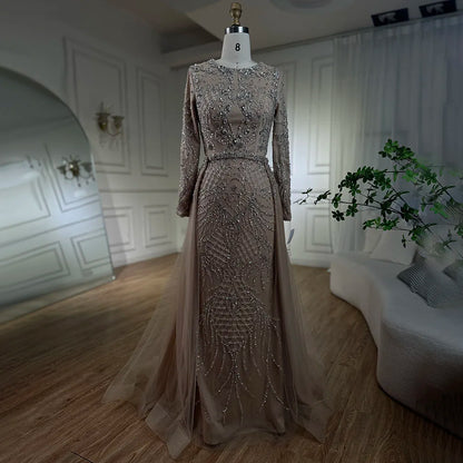 Silver Nude Mermaid Over Skirt Beaded Luxury Evening Dress