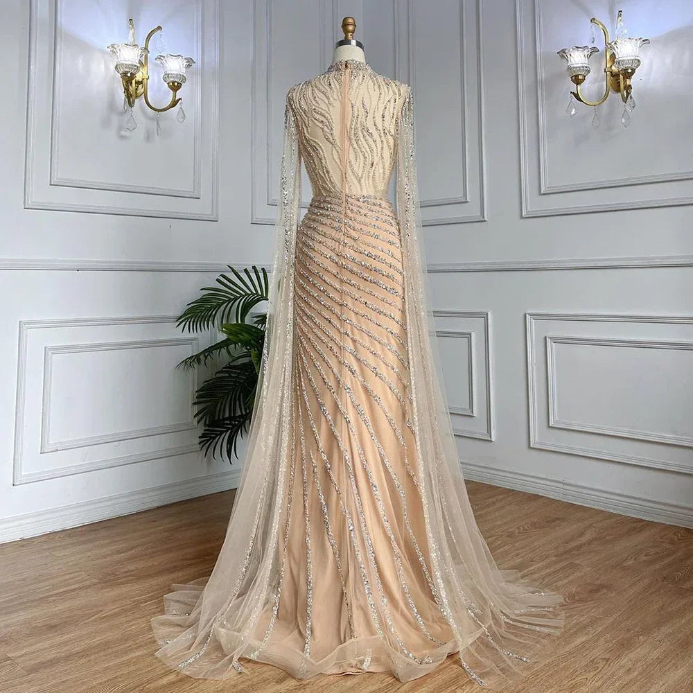 Arabic Caramel Mermaid Cape Sleeves Lace Beaded Long Evening Dresses Gowns