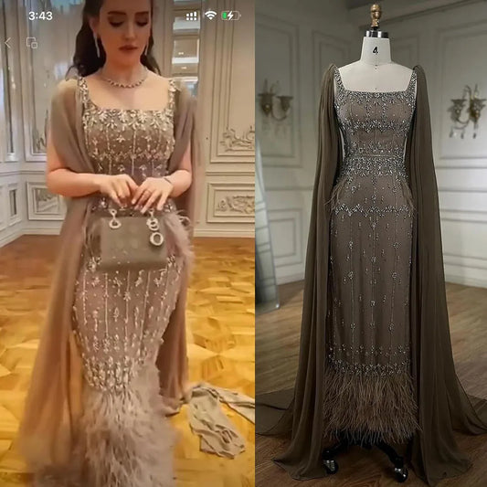 Vestido de noche hasta el tobillo de sirena color caramelo con plumas para mujer, fiesta de boda 2024