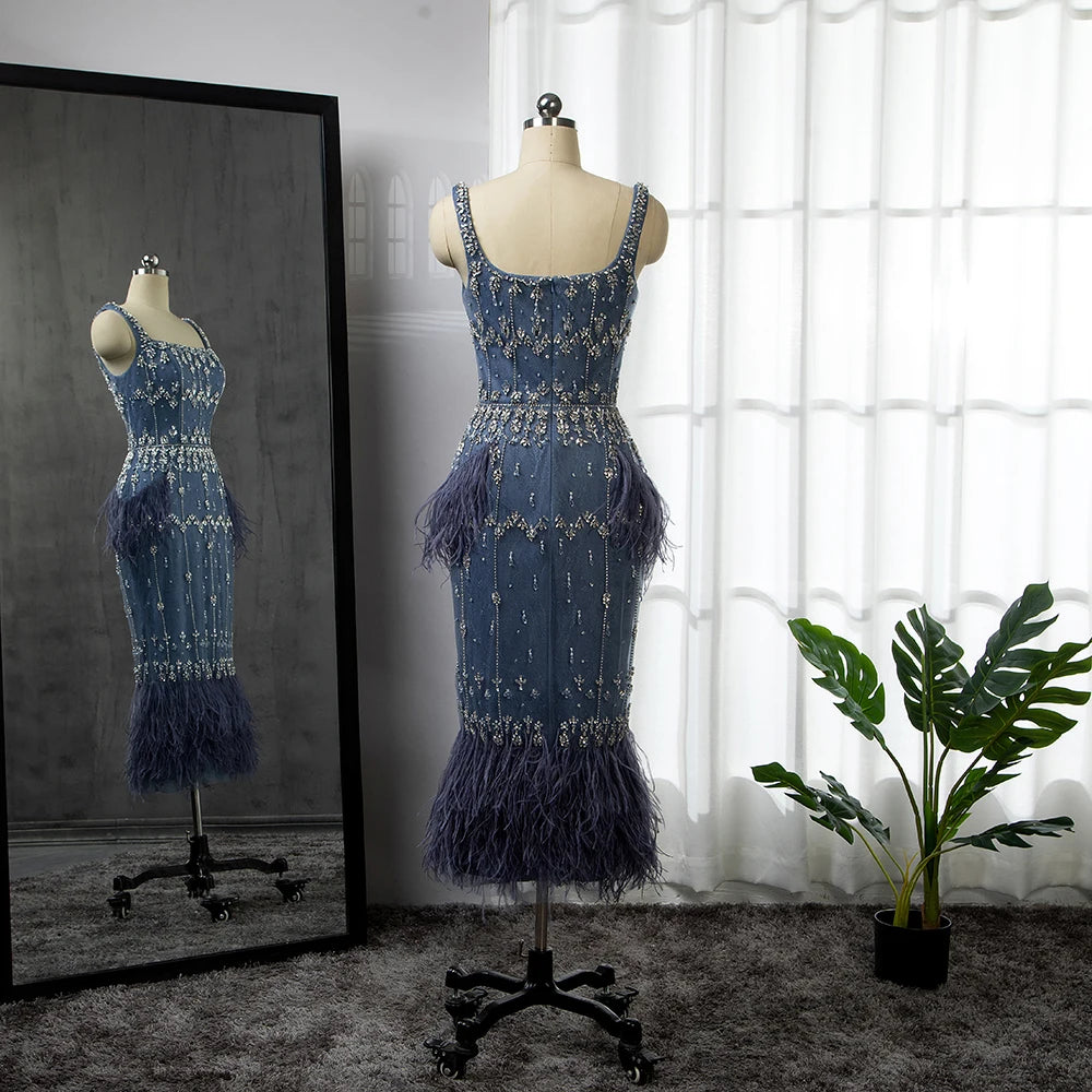 Blue Lace Midi Evening Dress with Luxury Crystal Feathers