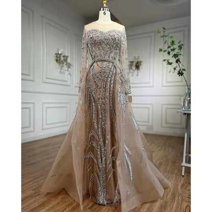 Modest Nude Mermaid Evening Gown with Overskirt and Dubai-Style Beading