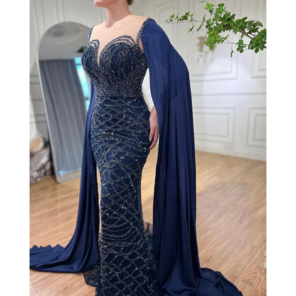 Cape Sleeves Luxury Evening Dresses Gowns Mermaid Beaded Elegant