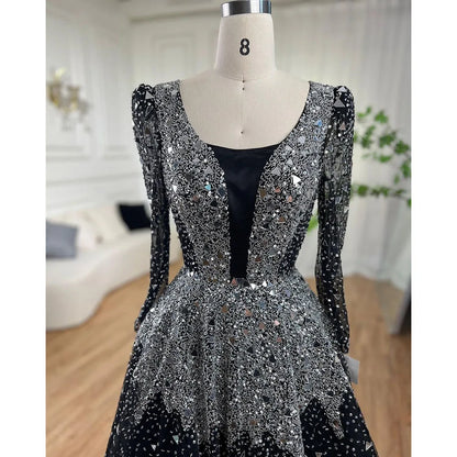 Luxury Modest Black A-Line Evening Gown with Sequined Beading