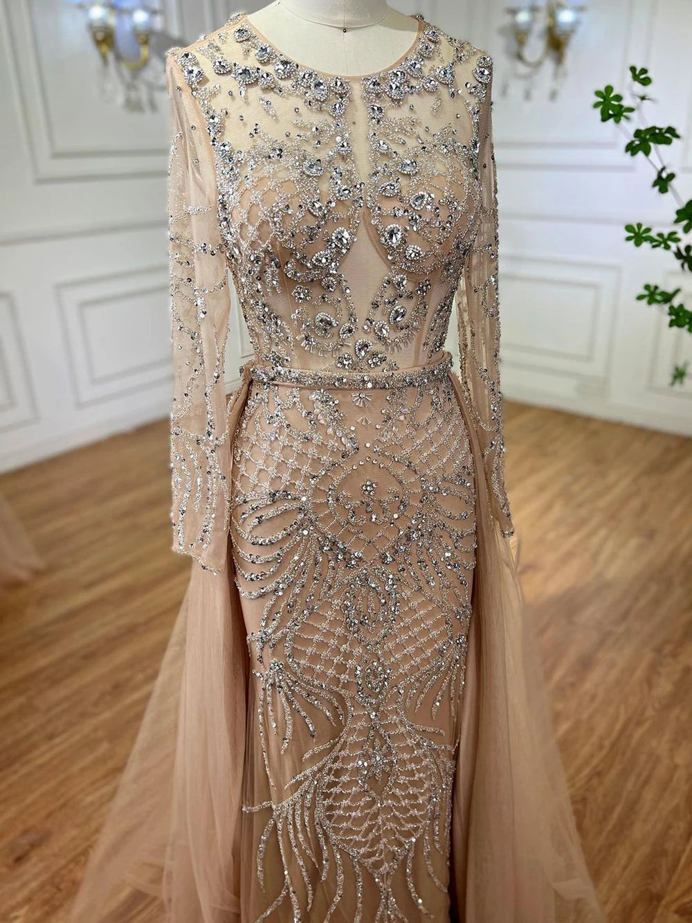 Silver Nude Mermaid Over Skirt Beaded Luxury Evening Dress