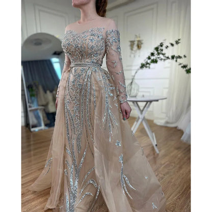 Modest Nude Mermaid Evening Gown with Overskirt and Dubai-Style Beading