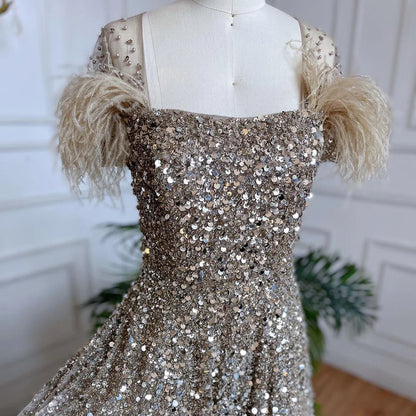 Luxury Caramel A-Line Evening Gown with Feather Beading