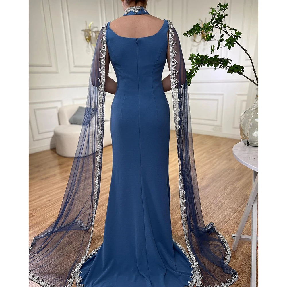 Blue Cape Sleeves Luxury Evening Dresses Gowns Mermaid Beaded Elegant