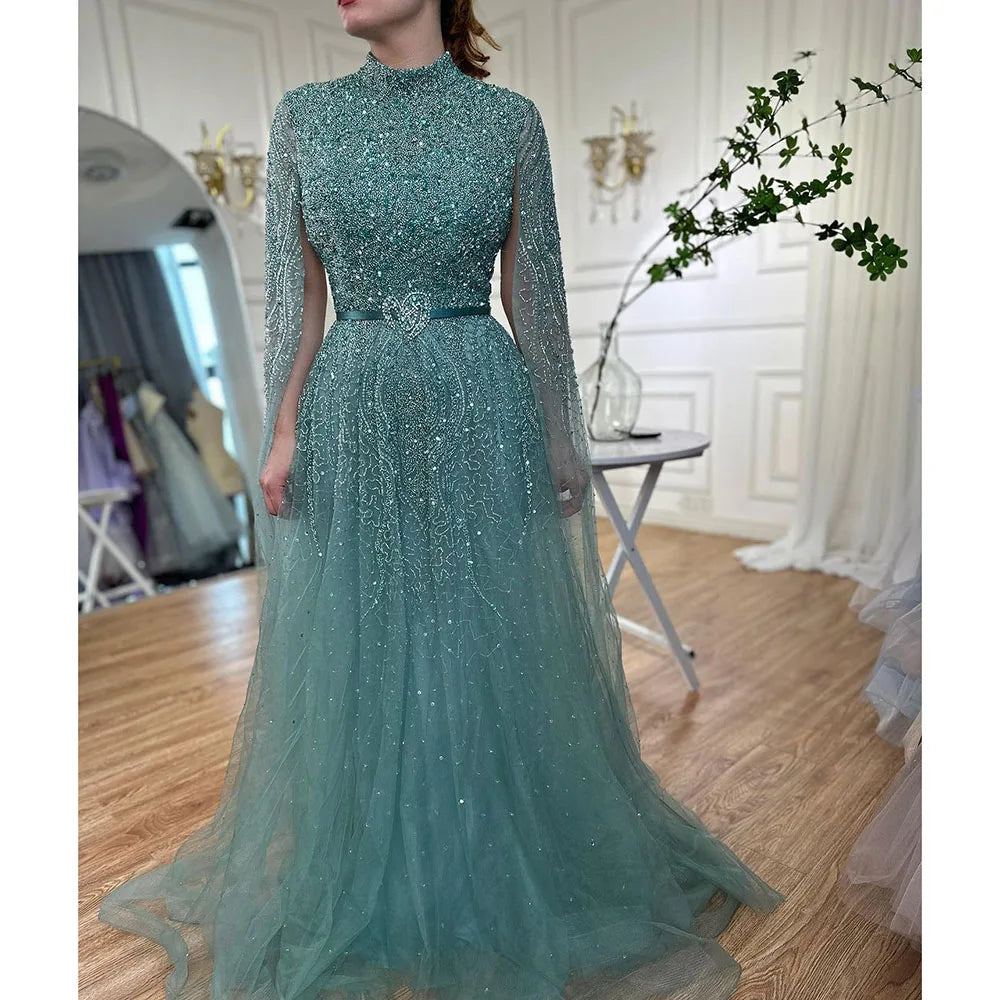 Blue A-Line Evening Dress with High-End Beaded Cape Sleeves