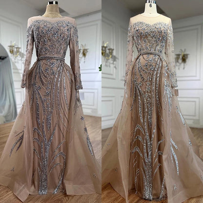 Modest Nude Mermaid Evening Gown with Overskirt and Dubai-Style Beading