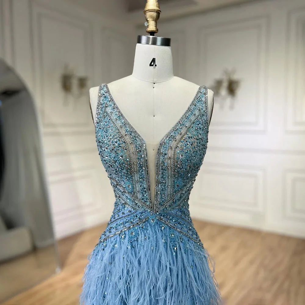 Arabic Blue Mermaid Evening Gown with Cape and Feather Beading