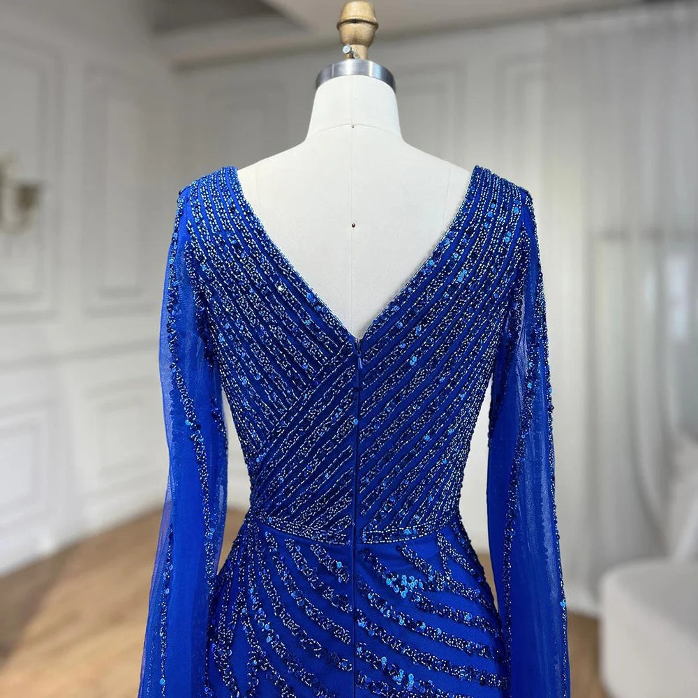 Modest Blue Mermaid Evening Gown with Luxury Beading