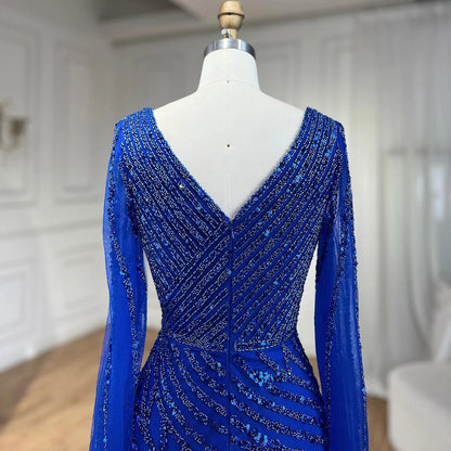 Vestido de noche de lujo con mangas de capa elegante con cuentas azules de sirena árabe para mujer fiesta de boda